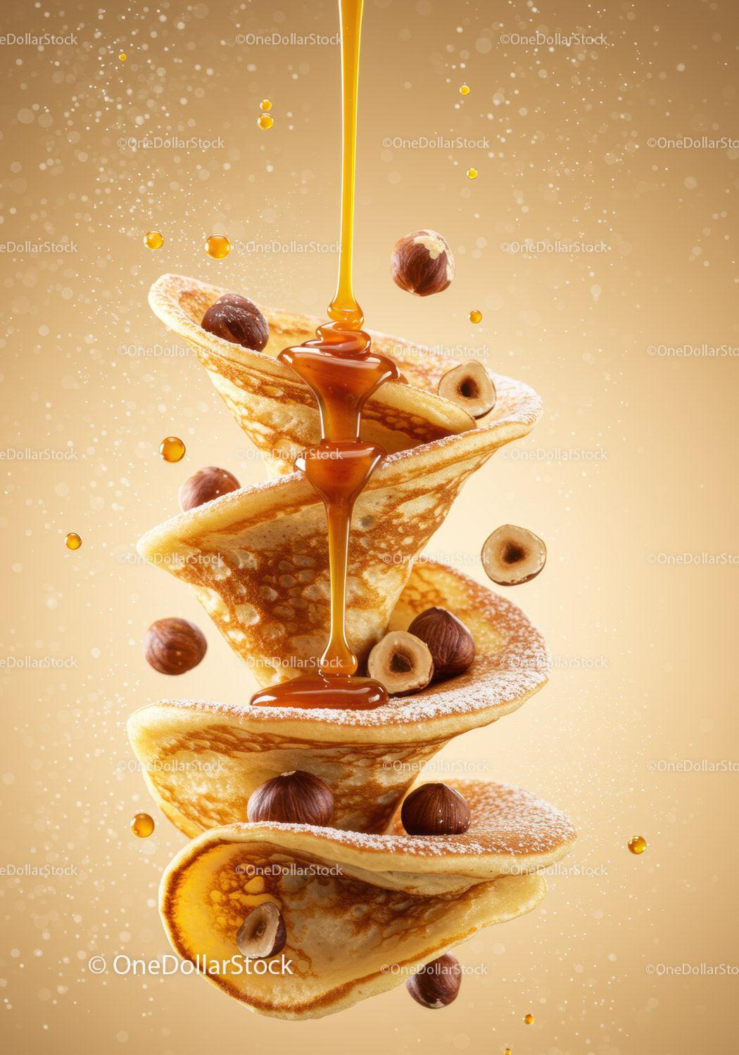 Stack of Pancakes with Hazelnuts and Syrup Drizzle