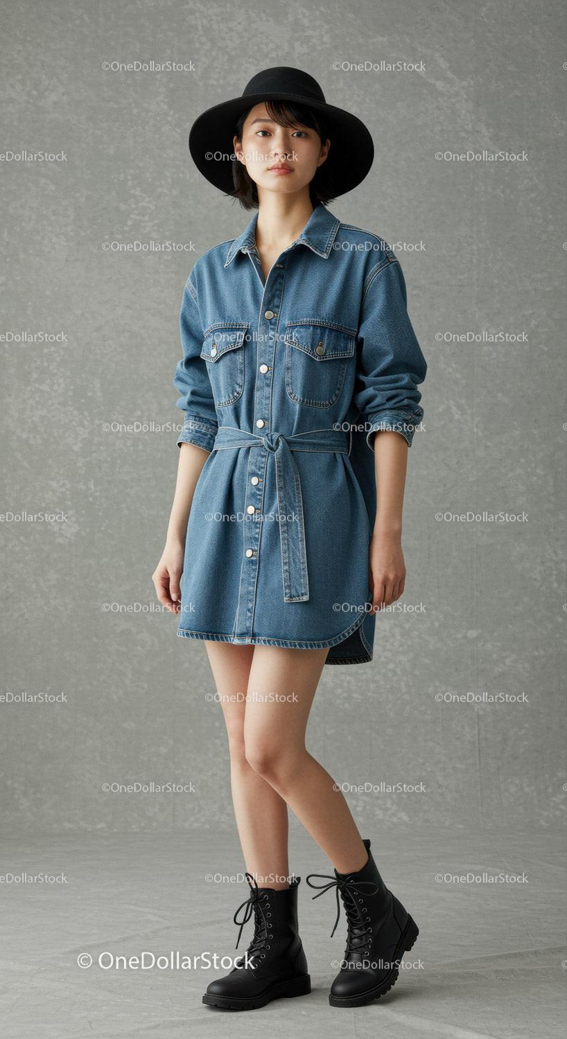 Fashionable Woman in Denim Dress and Black Hat Modeling Outdoor