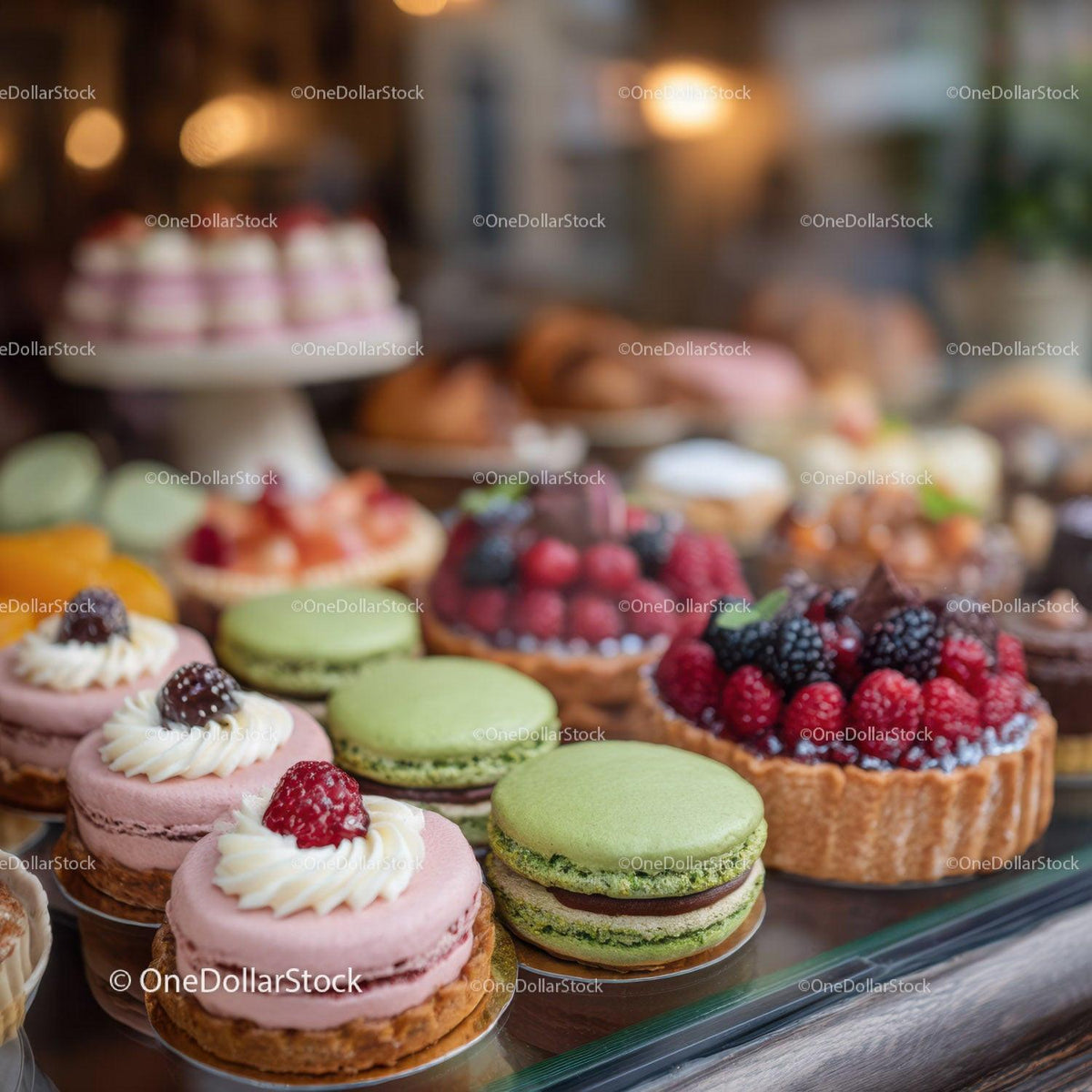 Assorted Fruit Tarts and Macarons in Bakery Display