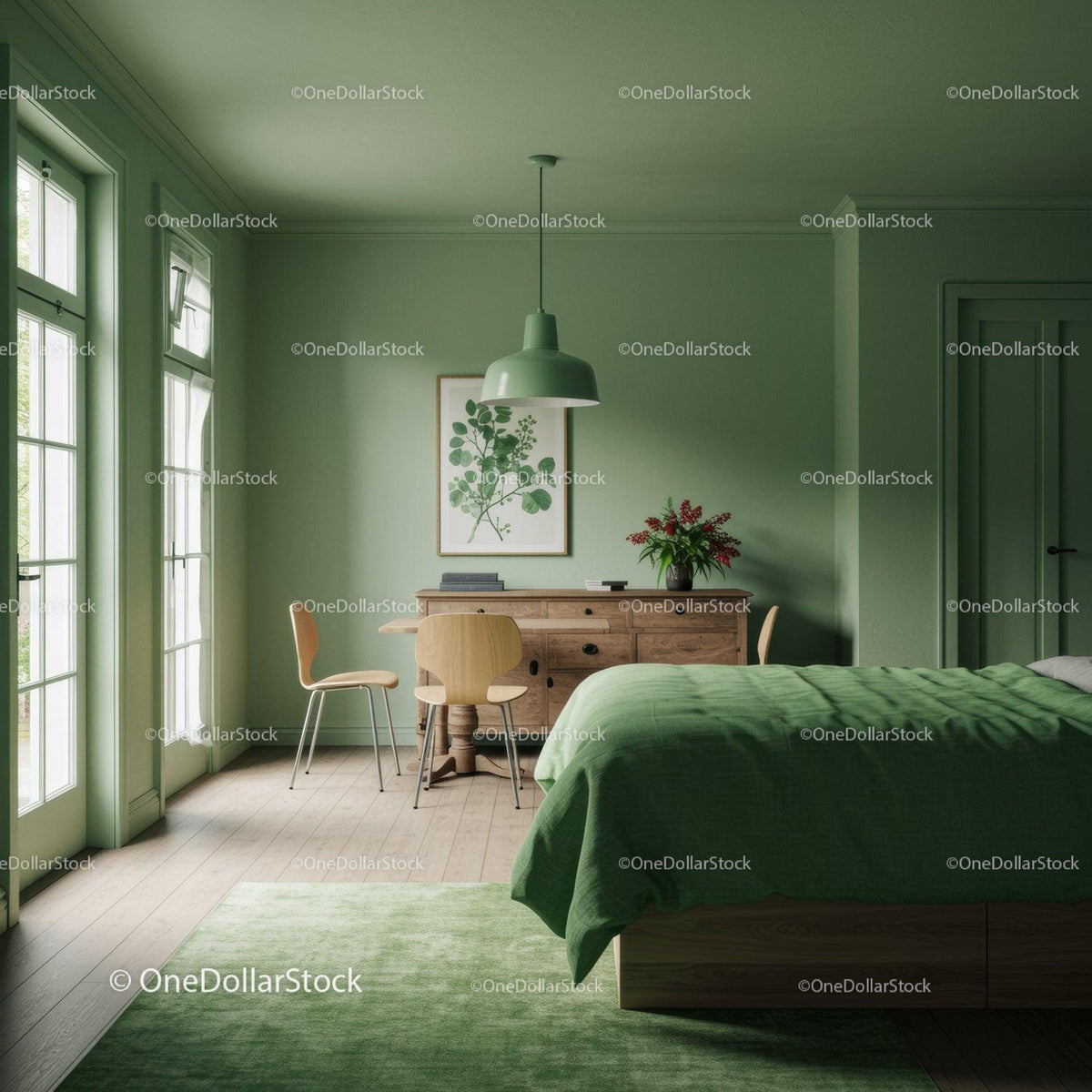 Bright and Modern Bedroom with Green Decor and Natural Light