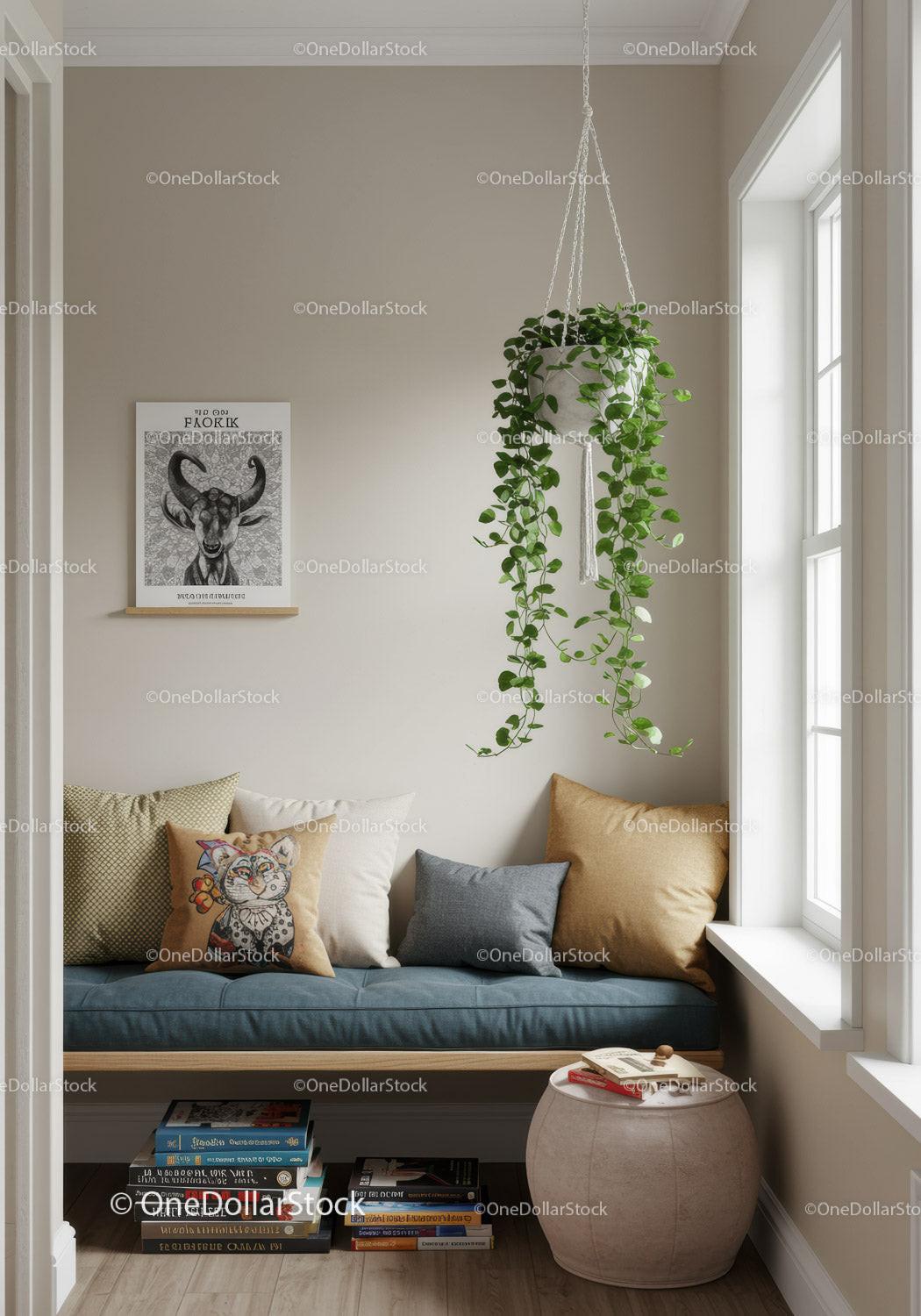 Cozy Indoor Nook with Hanging Green Plant and Colorful Cushions