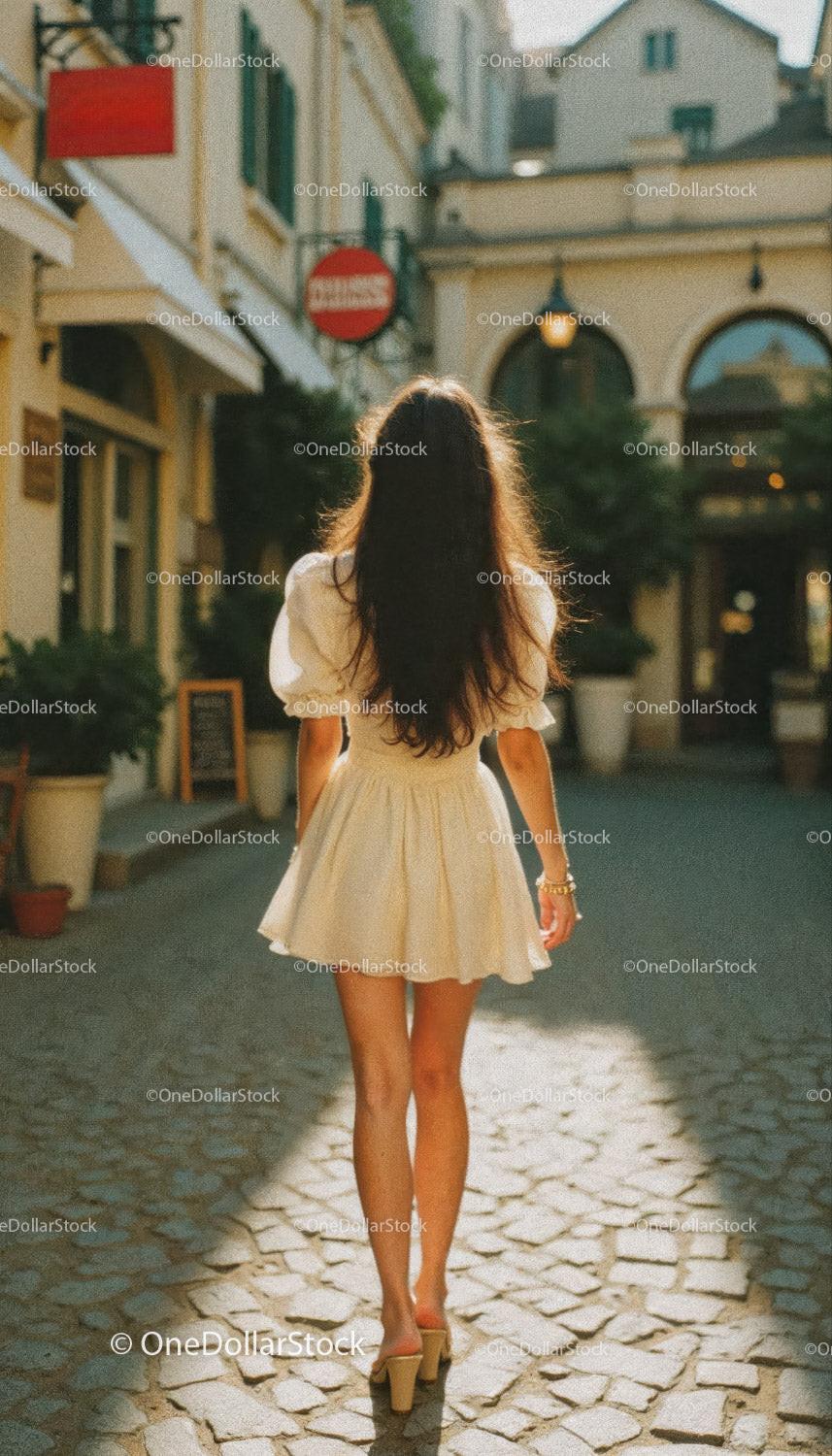 Stylish Woman Walking on Cobblestone Street in Summer City Scene