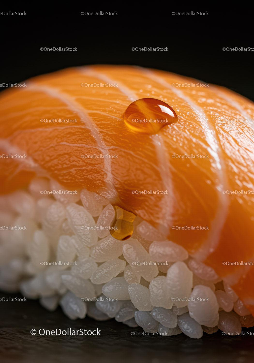 Close up of fresh salmon nigiri sushi with soy sauce drop