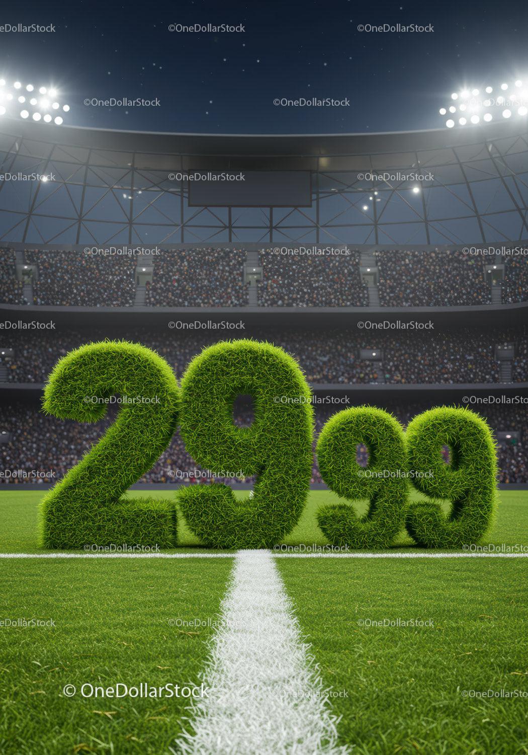 Grass numbers 29.99 displayed on stadium field