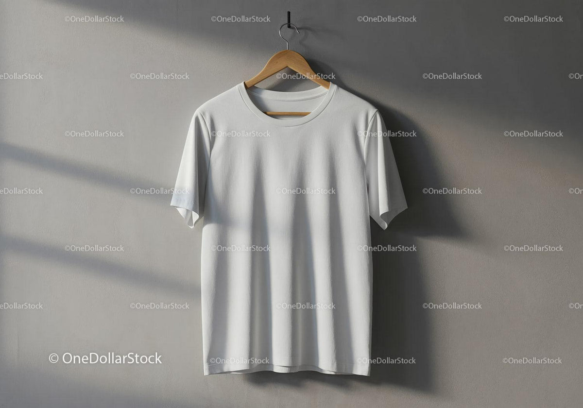Minimalist White T Shirt Hanging on Wooden Hanger JPG Mockup Image preview