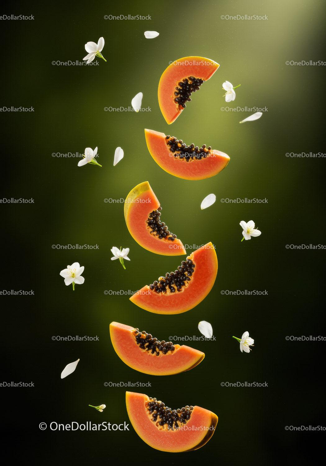 Fresh papaya slices with white flower petals floating