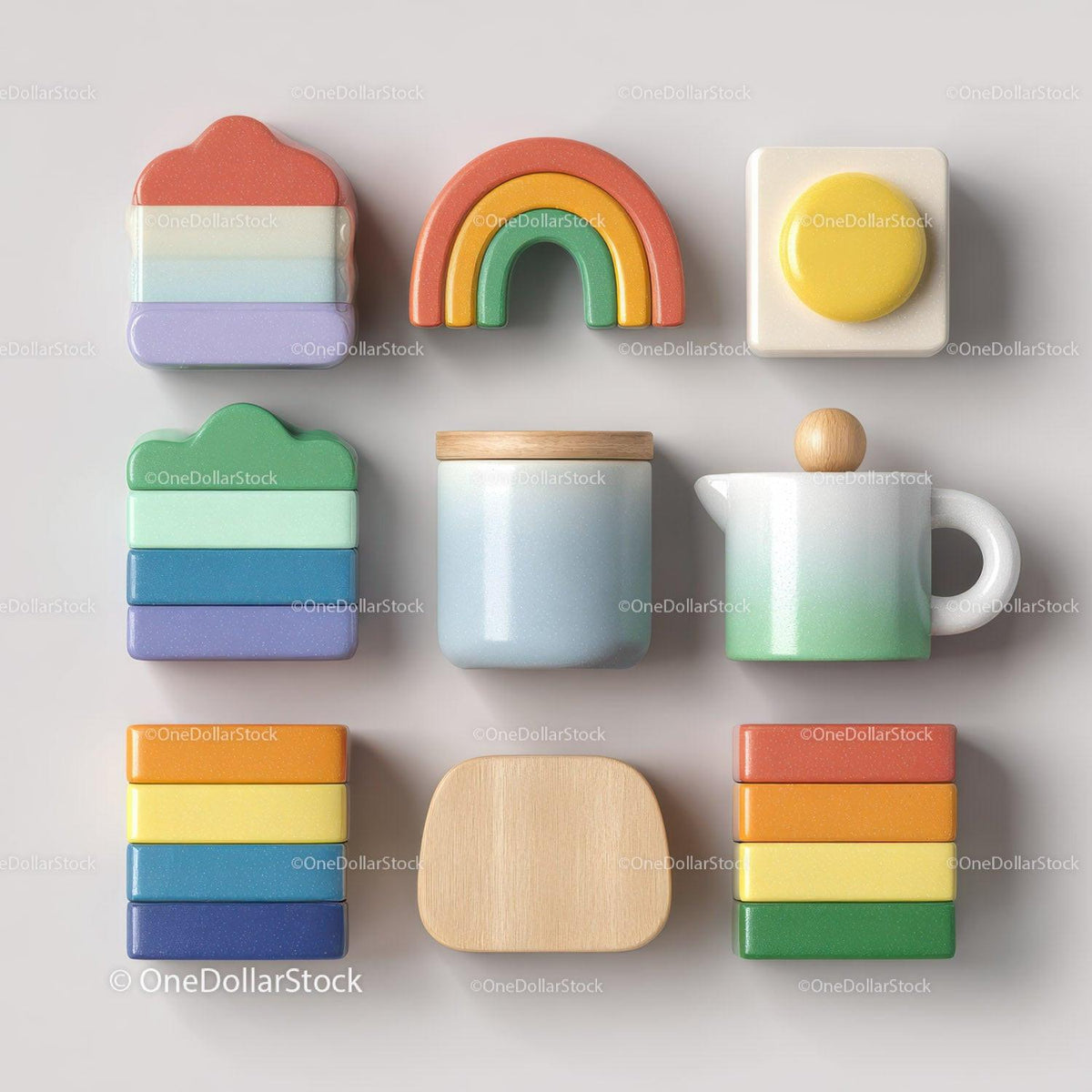 Colorful wooden toy blocks and ceramic kitchen set arranged on a light background