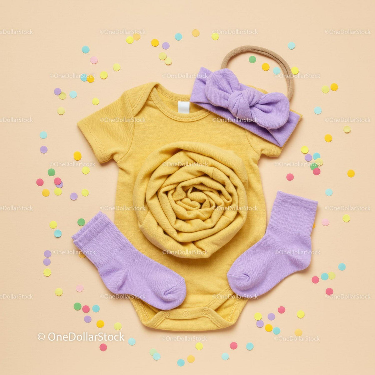 Yellow Baby Bodysuit with Purple Socks and Headband