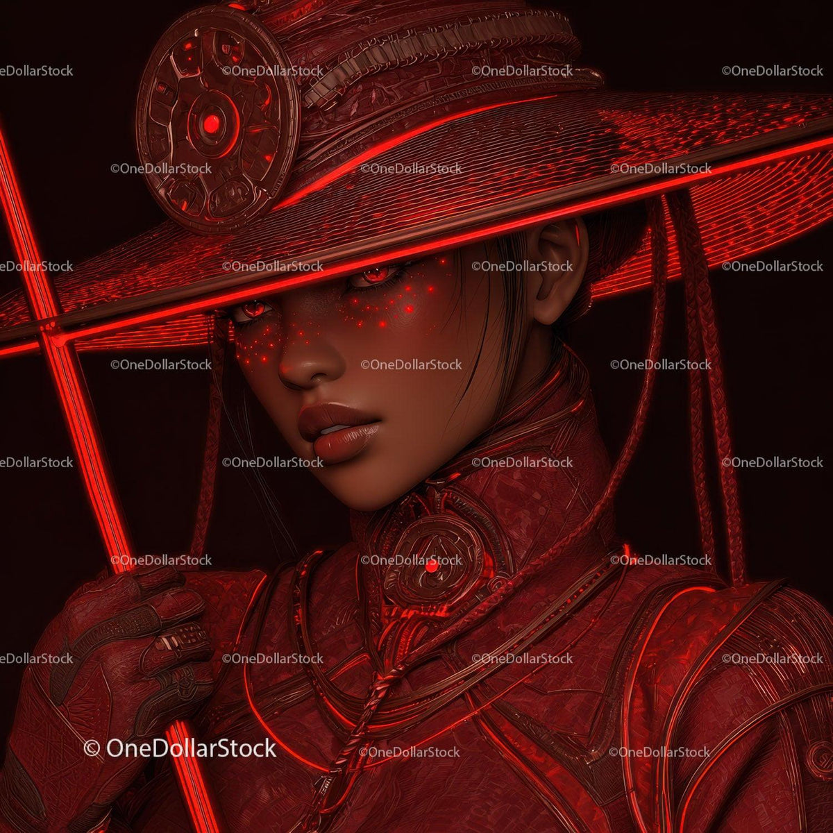 Futuristic Samurai in Neon Red Armor Holding Umbrella Stock Photo Bundle preview 25