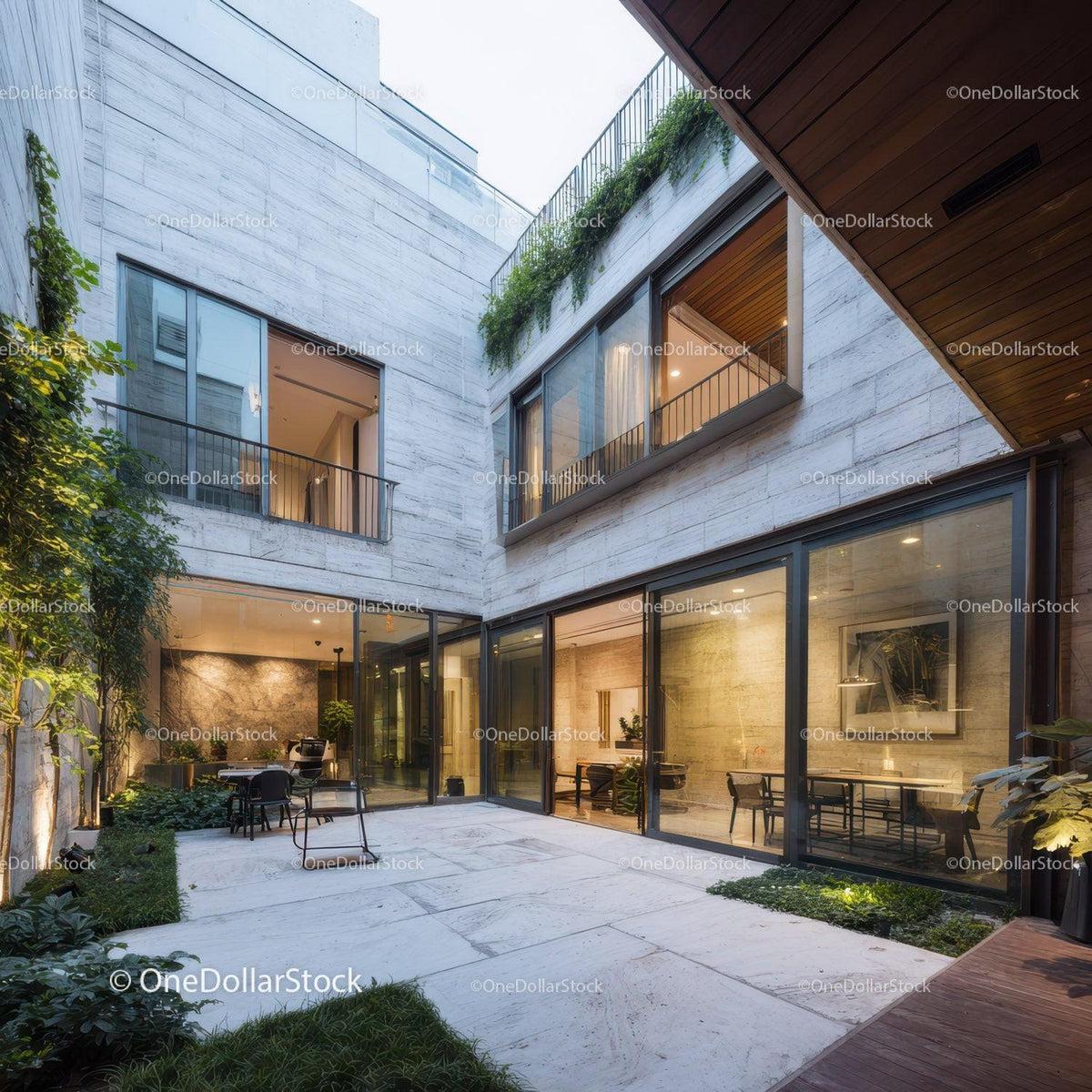 Modern Architectural Building with Glass Windows and Outdoor Patio