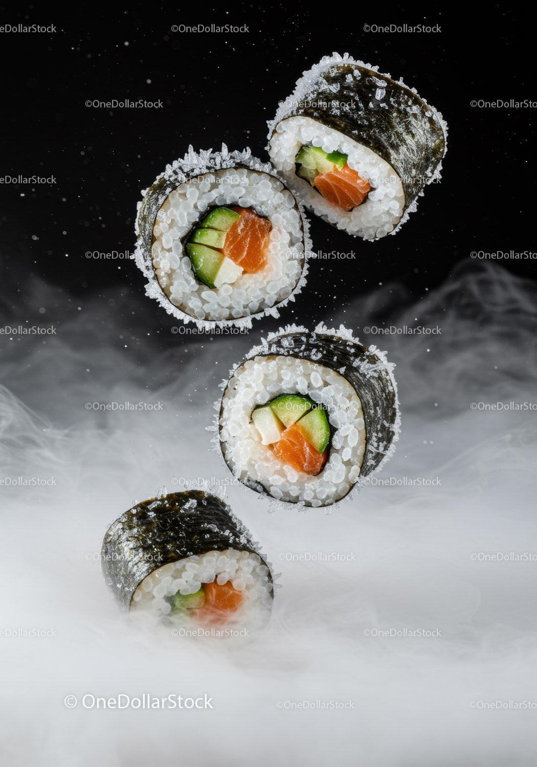 Fresh salmon sushi rolls floating with misty smoke
