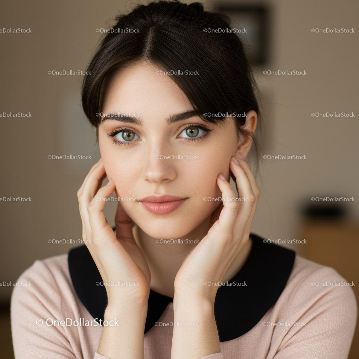 Portrait of a Young Woman with Bright Green Eyes and Natural Makeup