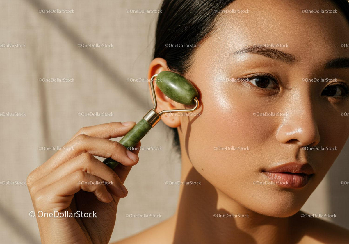 Close-Up of an Asian Woman Using a Jade Roller for Facial Skincare