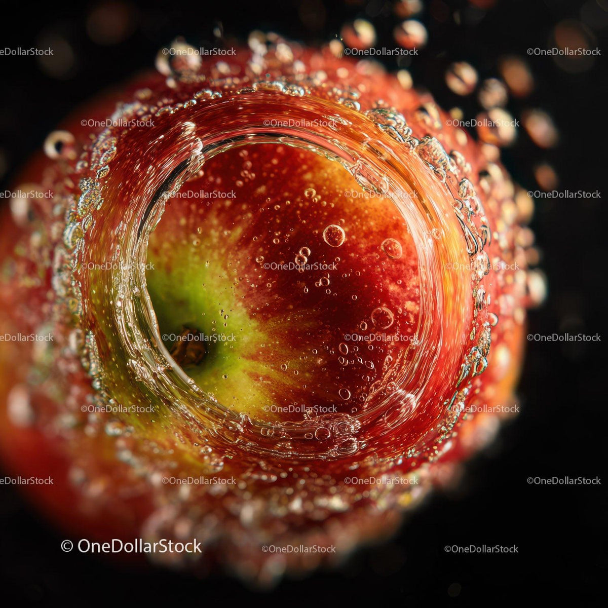 Juicy Red and Green Apple with Bubbles in Water