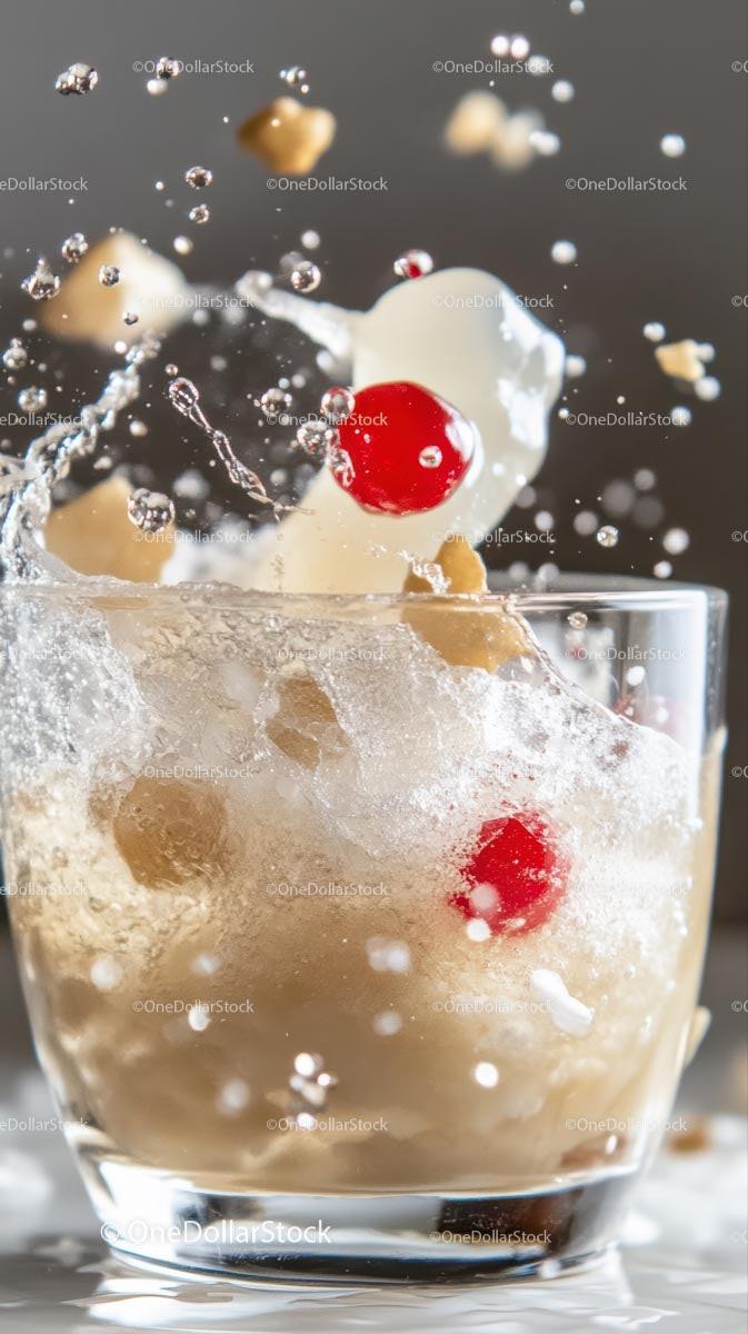 Ice Cube and Cherry Splash in a Refreshing Glass