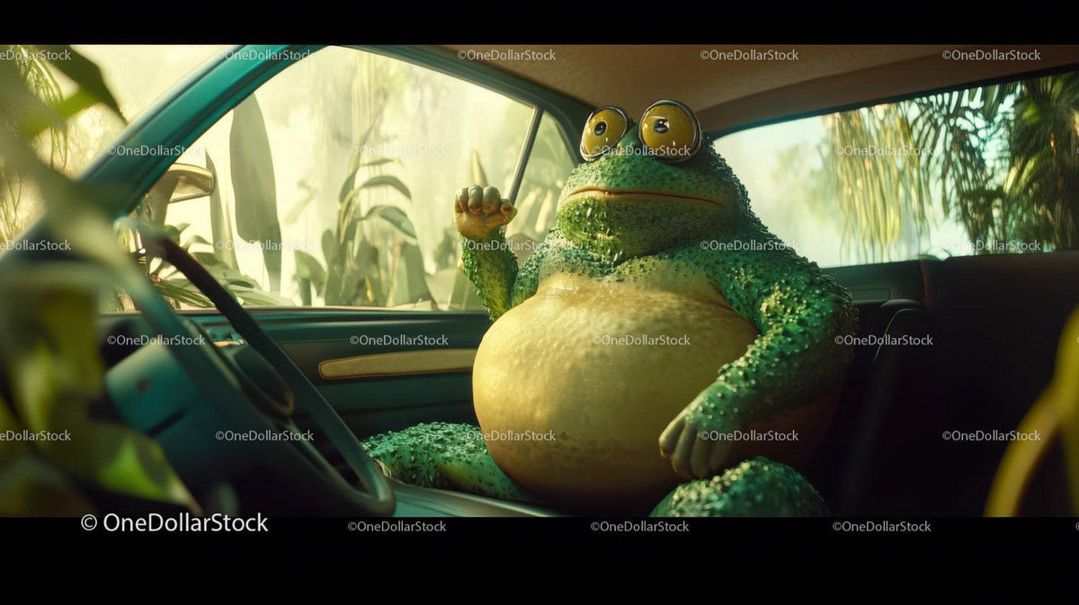 Realistic green frog with yellow eyes sitting inside vintage car driver seat