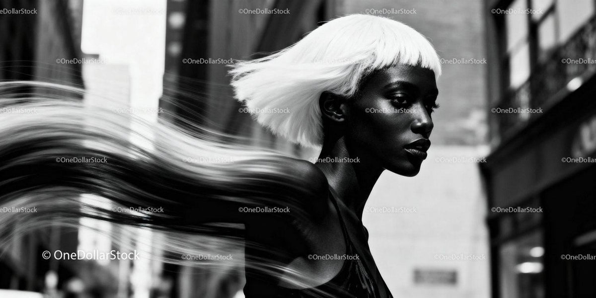 Stylish woman with white hair in urban black and white