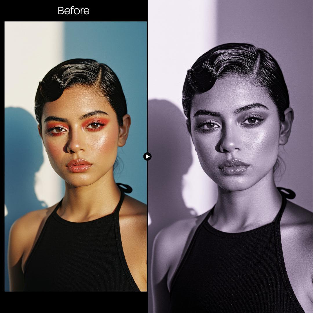 Before and after BW Portraits Purple LUT Pack effect