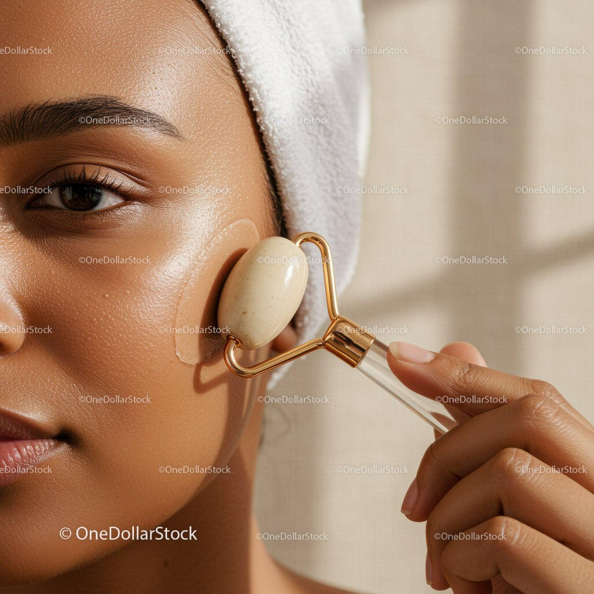 Close-Up of Woman Receiving Facial Massage with Jade Roller
