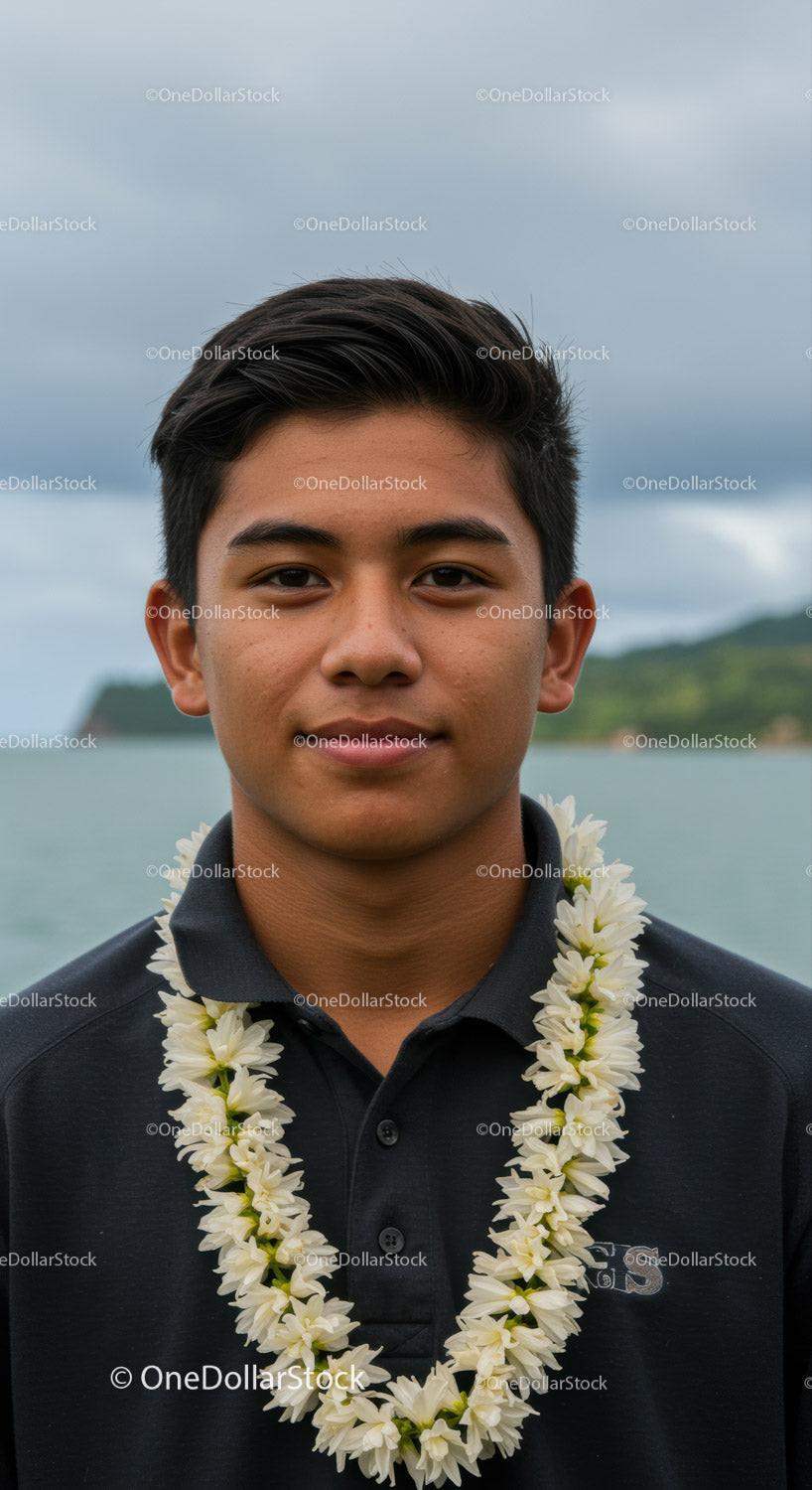 Young Man Wearing Floral Lei Against Tropical Island Landscape