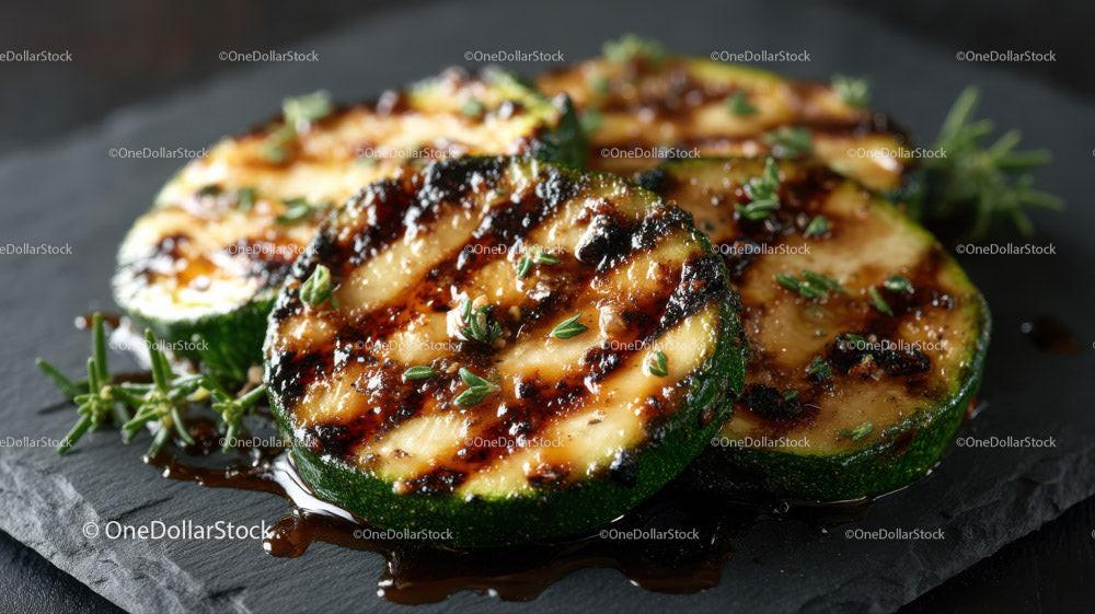 Grilled Zucchini Slices on Black Slate Plate with Char Marks 27 JPG Files digital asset preview