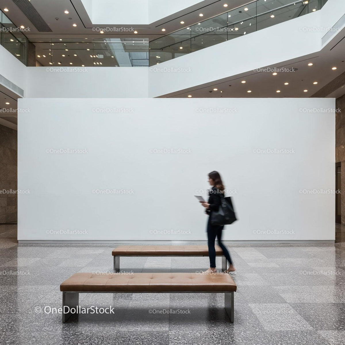 Modern art gallery interior with walking woman JPG Mockup Image preview
