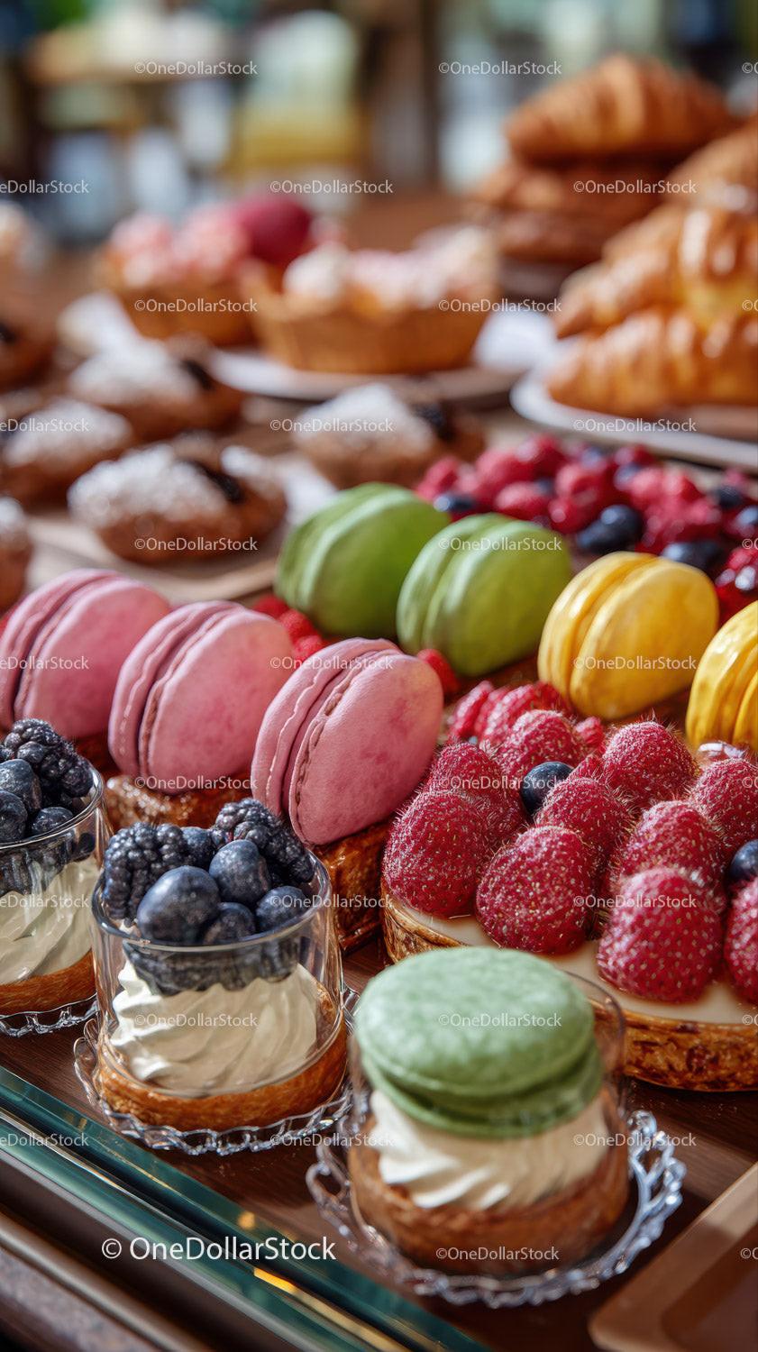 Colorful Pastry and Fruit Dessert Display with Macarons and Berries