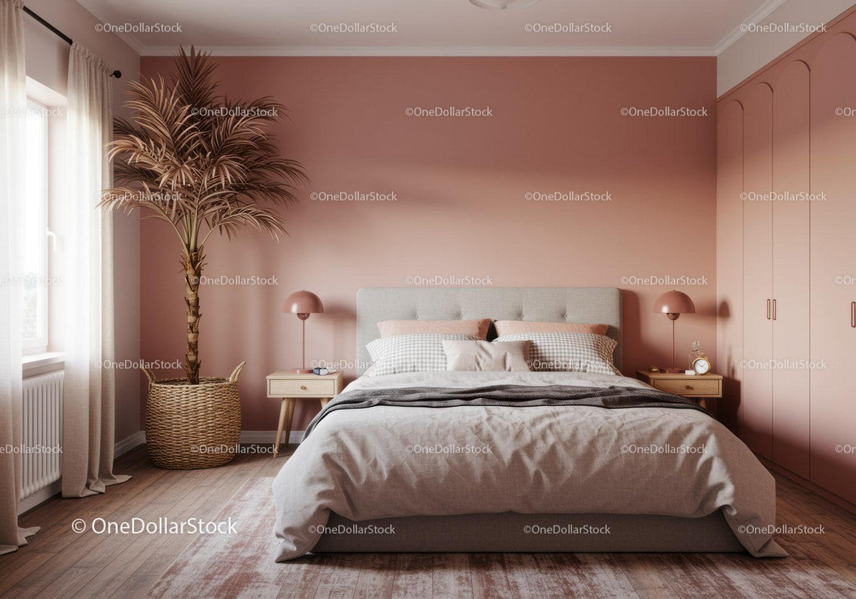 Stylish Cozy Bedroom with Pink Accent Wall and Indoor Plant