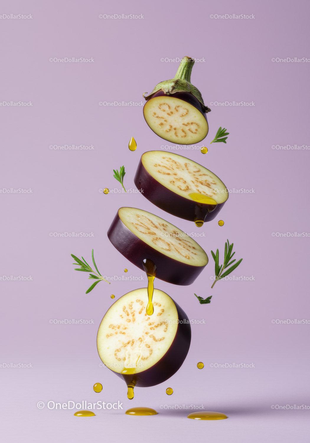 Sliced eggplant with olive oil droplets and herbs