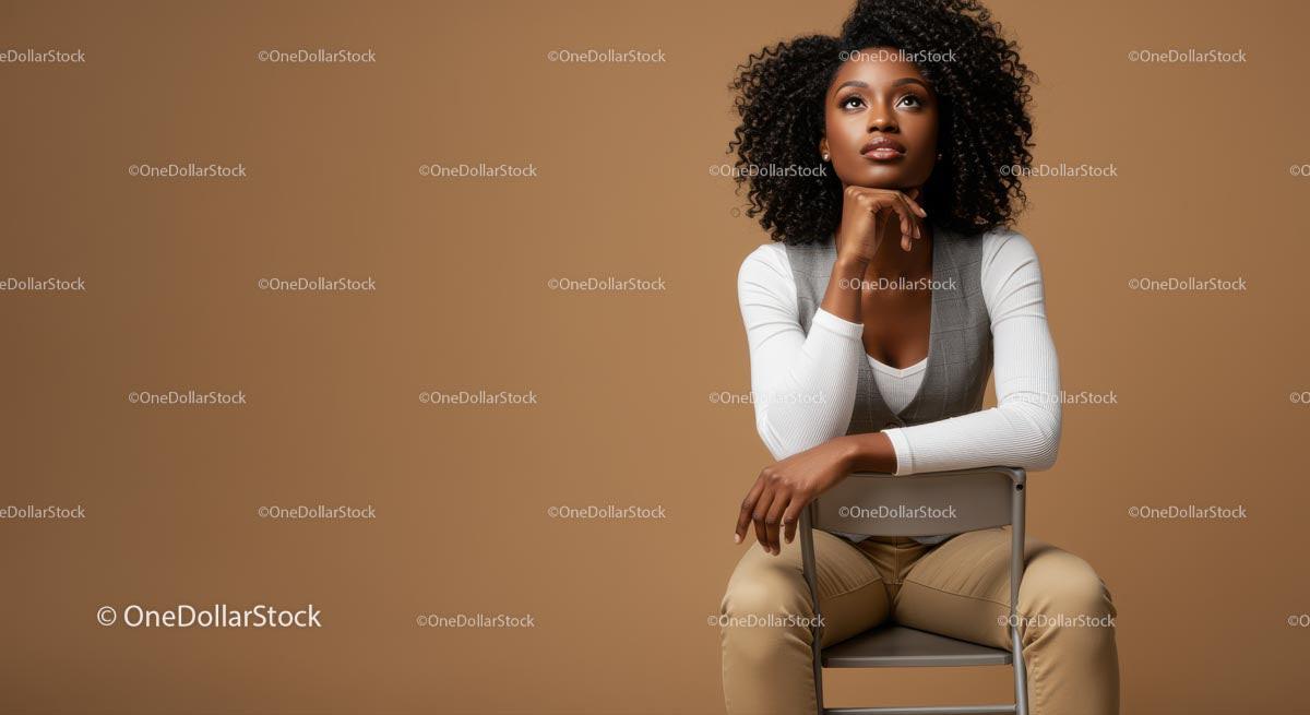 Thoughtful Woman Seated in Elegant Attire Against Brown Background Stock Photo Bundle preview 28