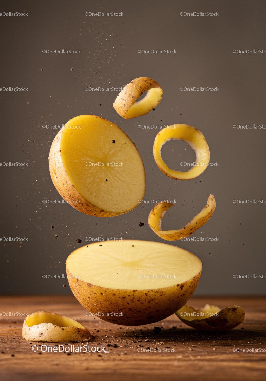Fresh peeled potato slices floating with soil particles