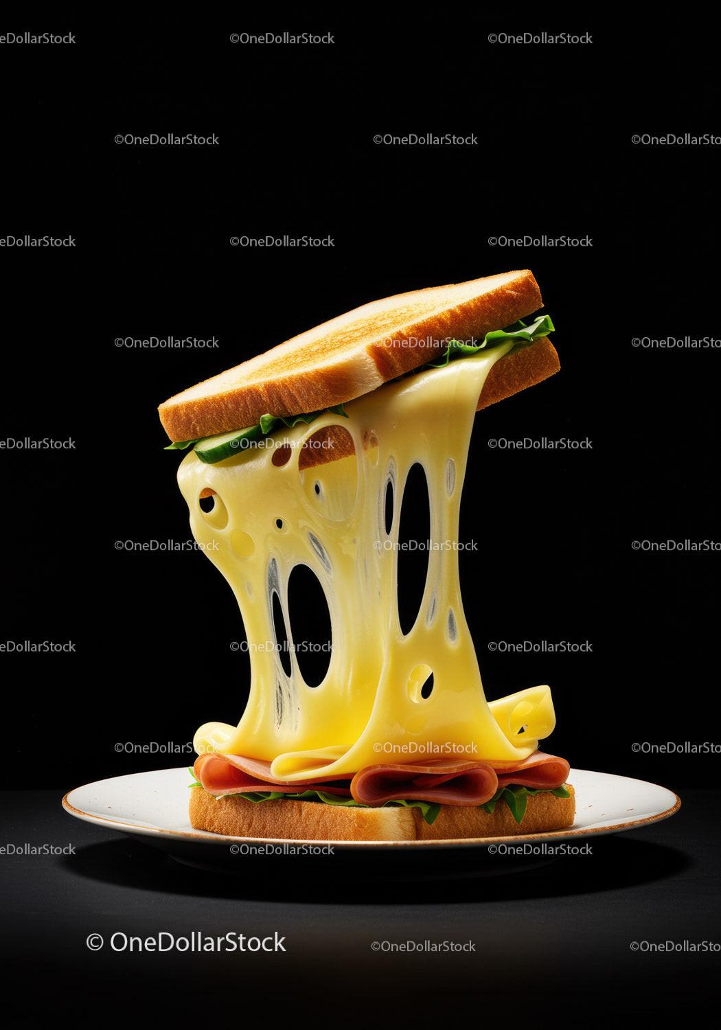 Melted Cheese Sandwich with Ham and Lettuce on Plate