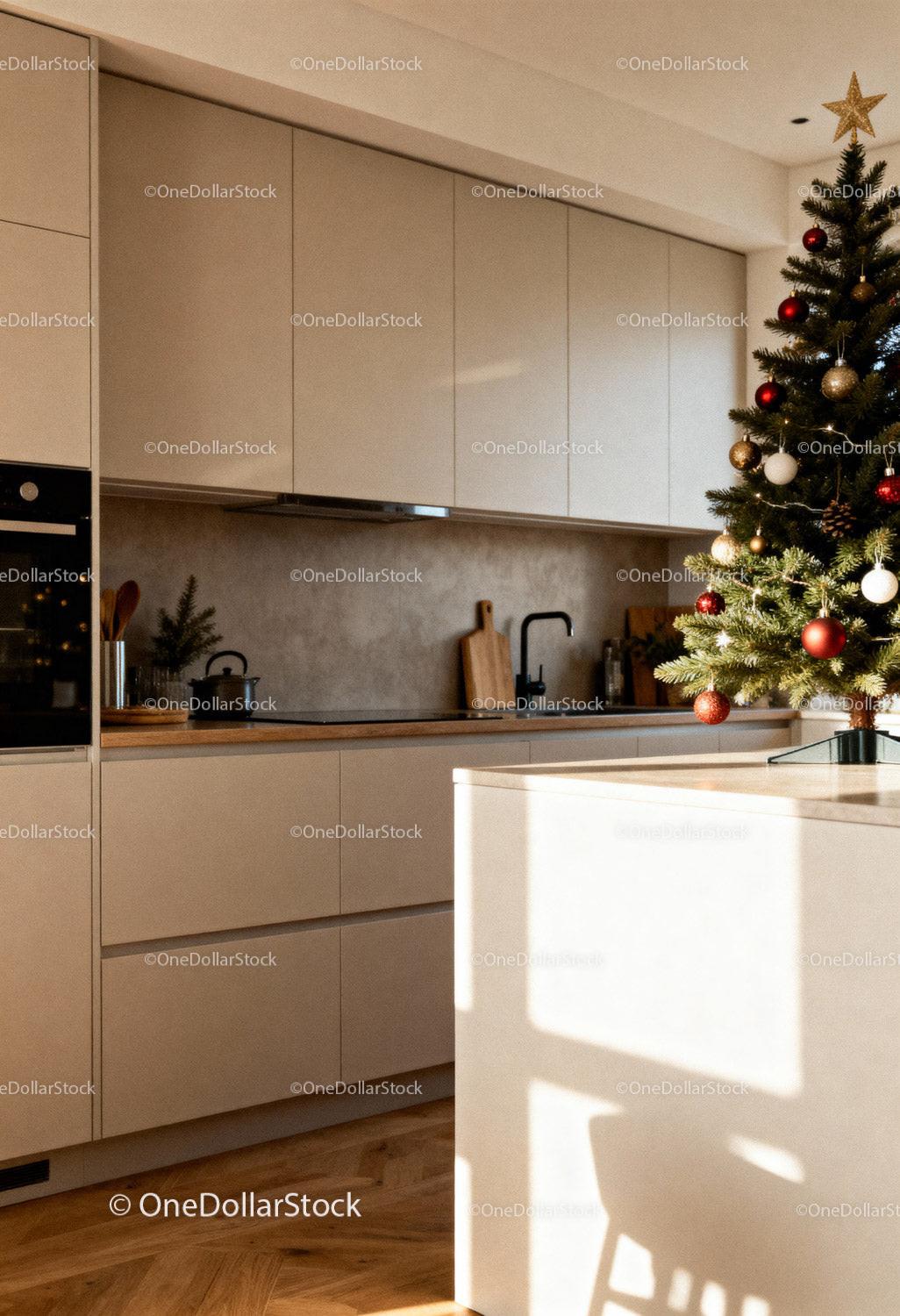 Modern Minimalist Kitchen with Festive Christmas Tree
