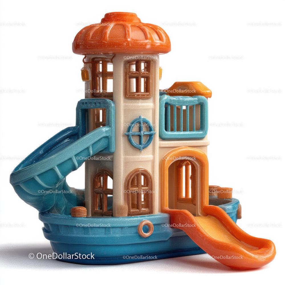Plastic playhouse toy with blue curved slide and orange straight slide on white background