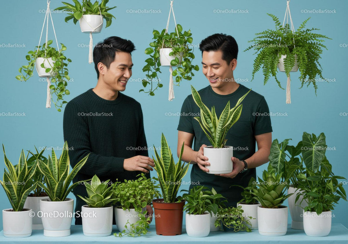 Two men enjoying houseplants in a bright studio