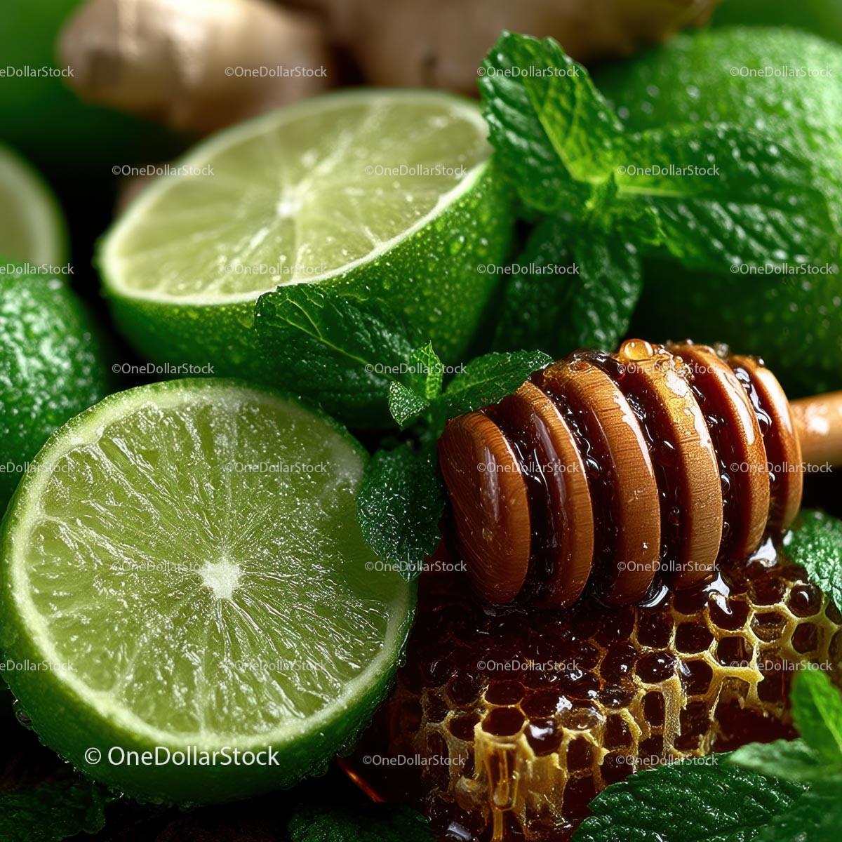 Fresh Limes, Mint Leaves and Honeycomb for Delicious Recipes Stock Photo Bundle preview