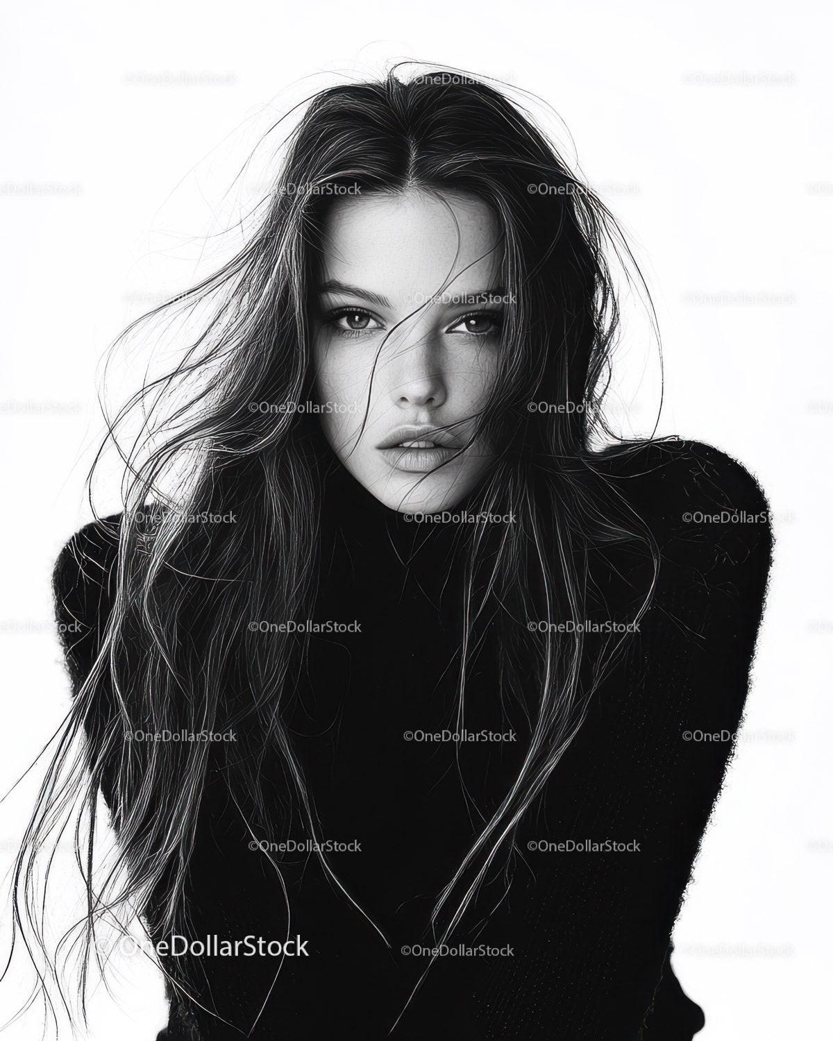 Striking Black and White Portrait of a Woman with Long Hair