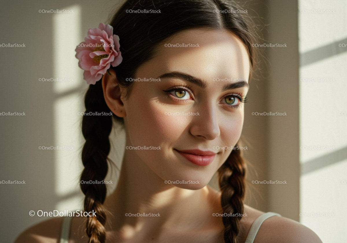 Beautiful Young Woman with Braided Hair and Pink Flower Accessory