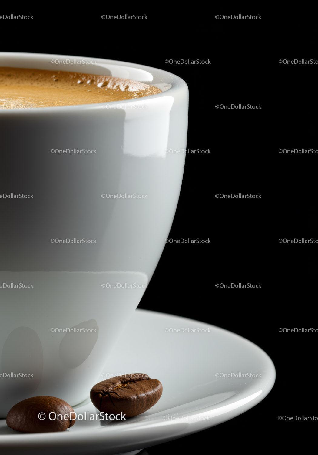Close up of espresso cup with coffee beans on saucer