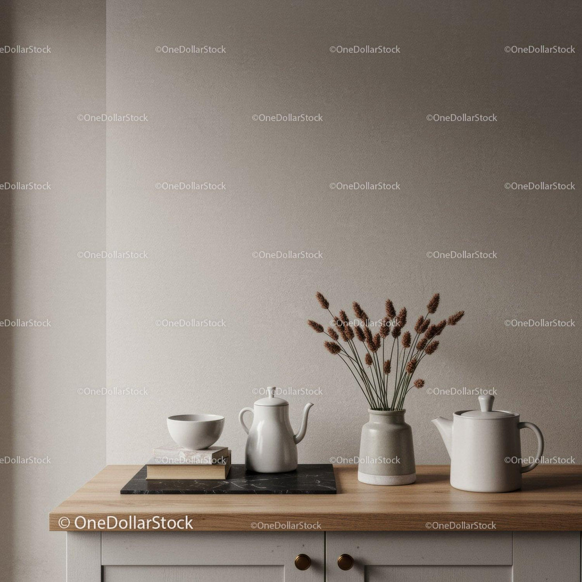 Elegant Interior Scene with White Ceramics and Dried Flowers on Wooden Table