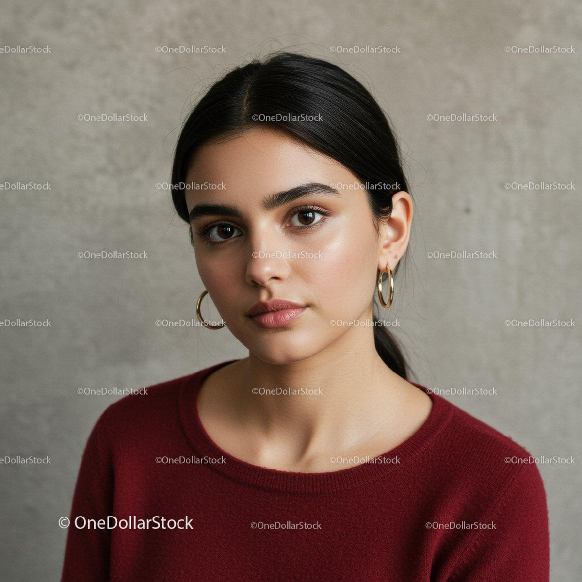 Portrait of a Young Woman with Dark Hair and Gold Earrings