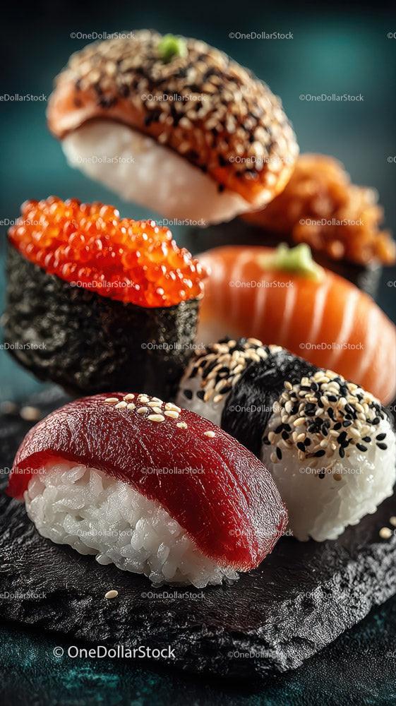 stock photo bundle made with Fresh Sushi Plate with Salmon Tuna Rice Garnishes and Soy Sauce Stock Photo Bundle