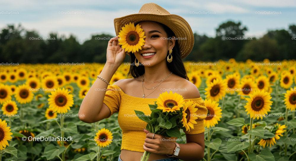 Happy Woman Smiling With Sunflowers in a Bright Field Stock Photo Bundle preview 8