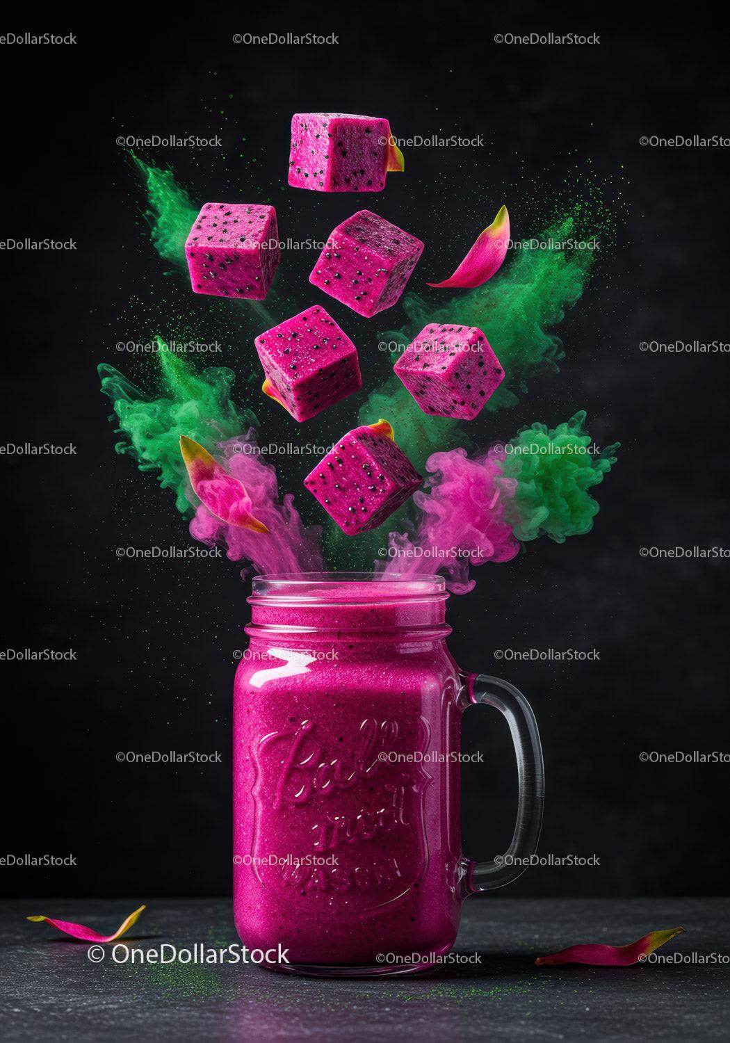 Vibrant Dragon Fruit Smoothie with Colorful Powder Explosion
