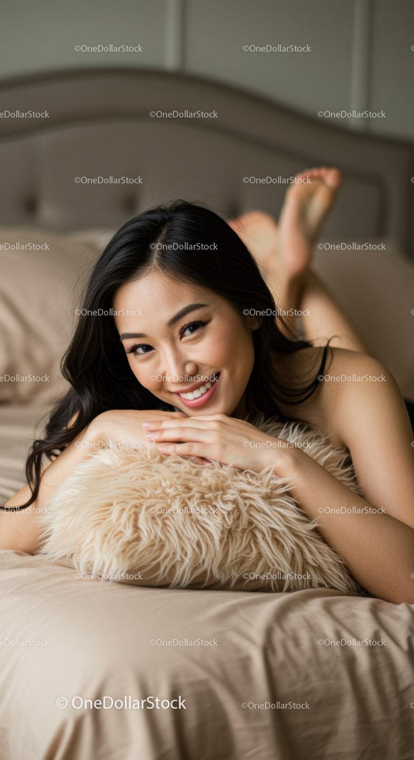 Smiling young woman relaxing on cozy bed with fluffy pillow