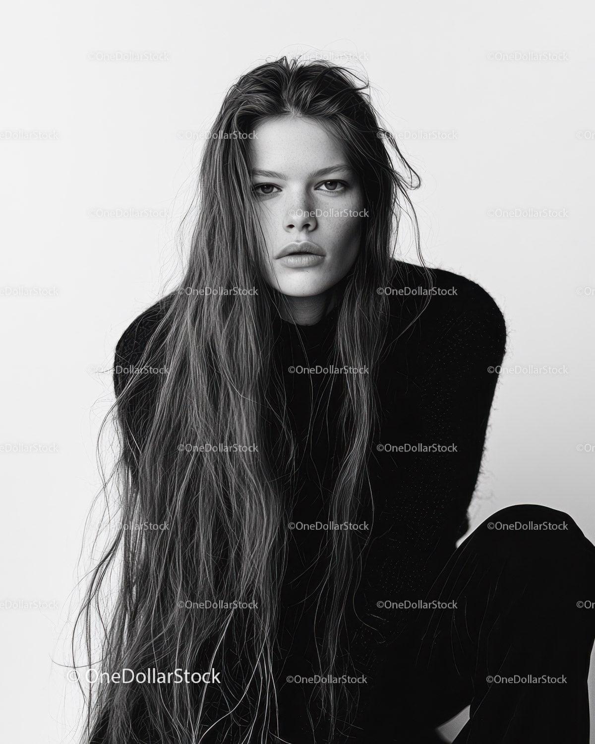Elegant Black and White Portrait of a Confident Young Woman with Wavy Hair