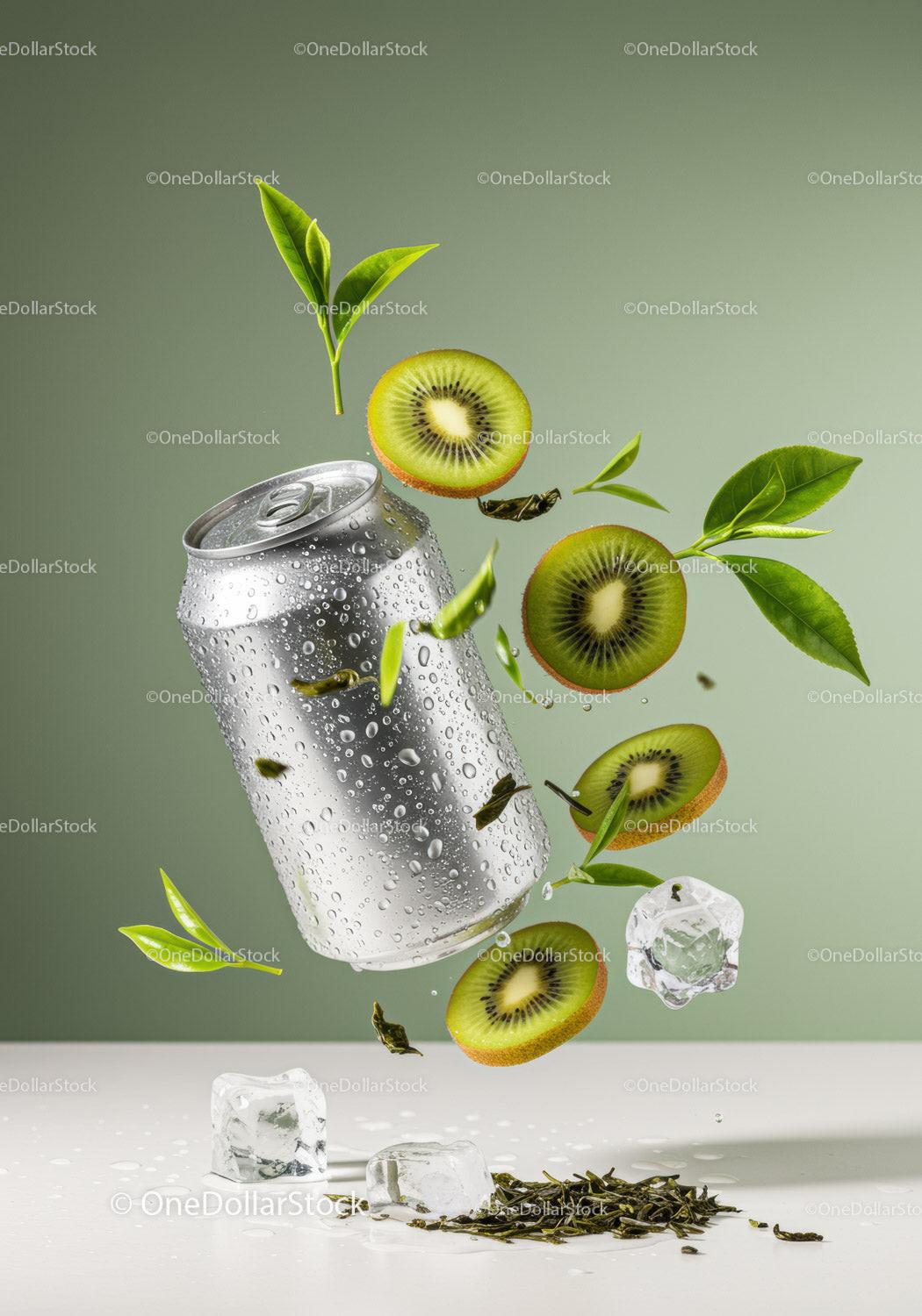 Refreshing Kiwi Green Tea Beverage with Ice Cubes