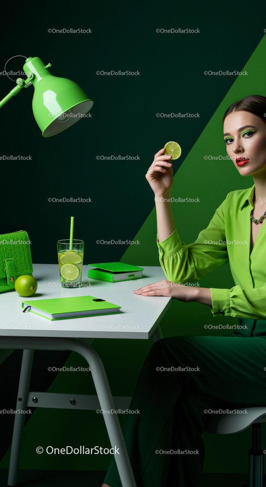 Stylish Woman in Green with Refreshing Drink in Modern Workspace Stock Photo Bundle preview 7