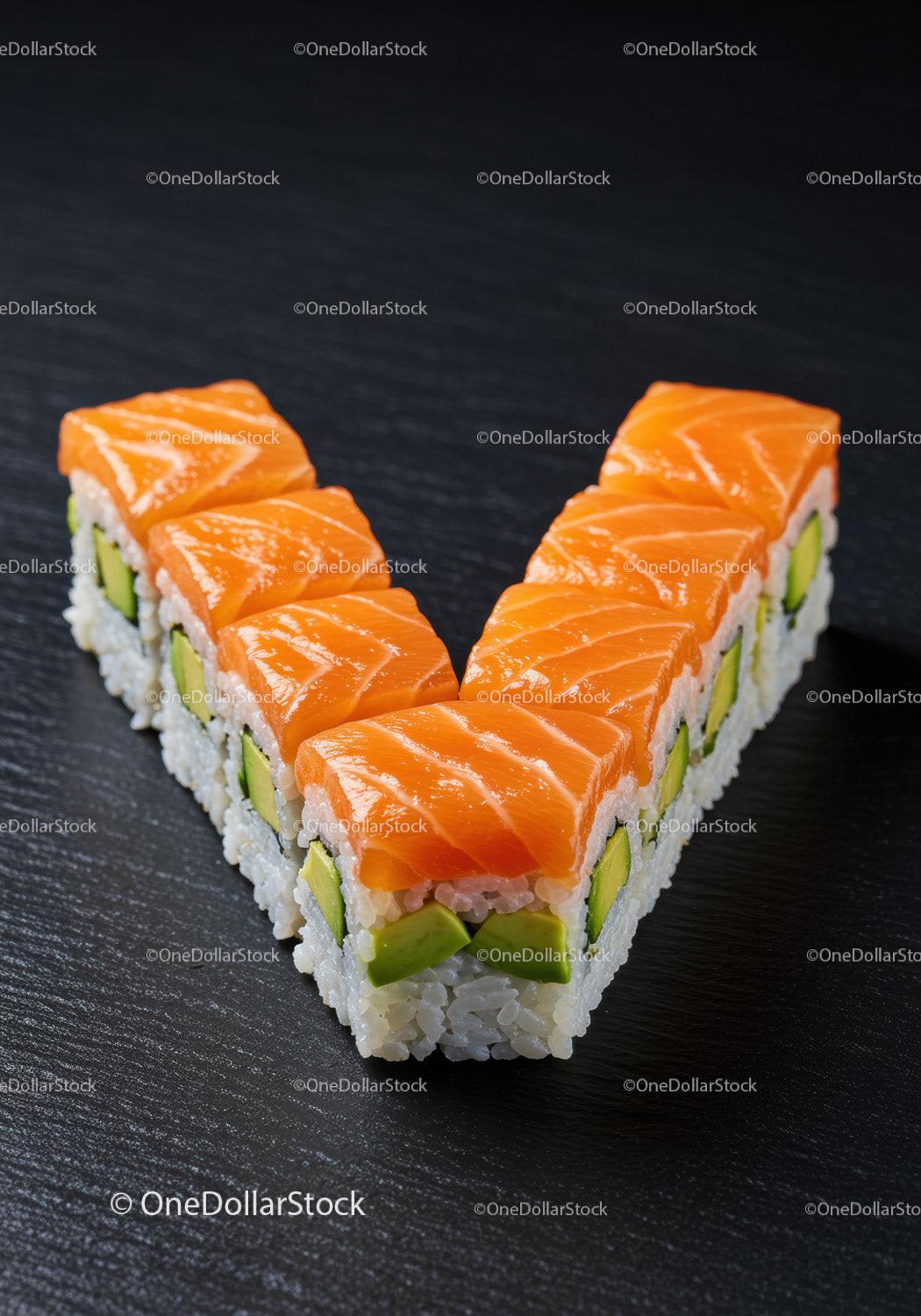 Fresh salmon avocado sushi rolls arranged in V shape