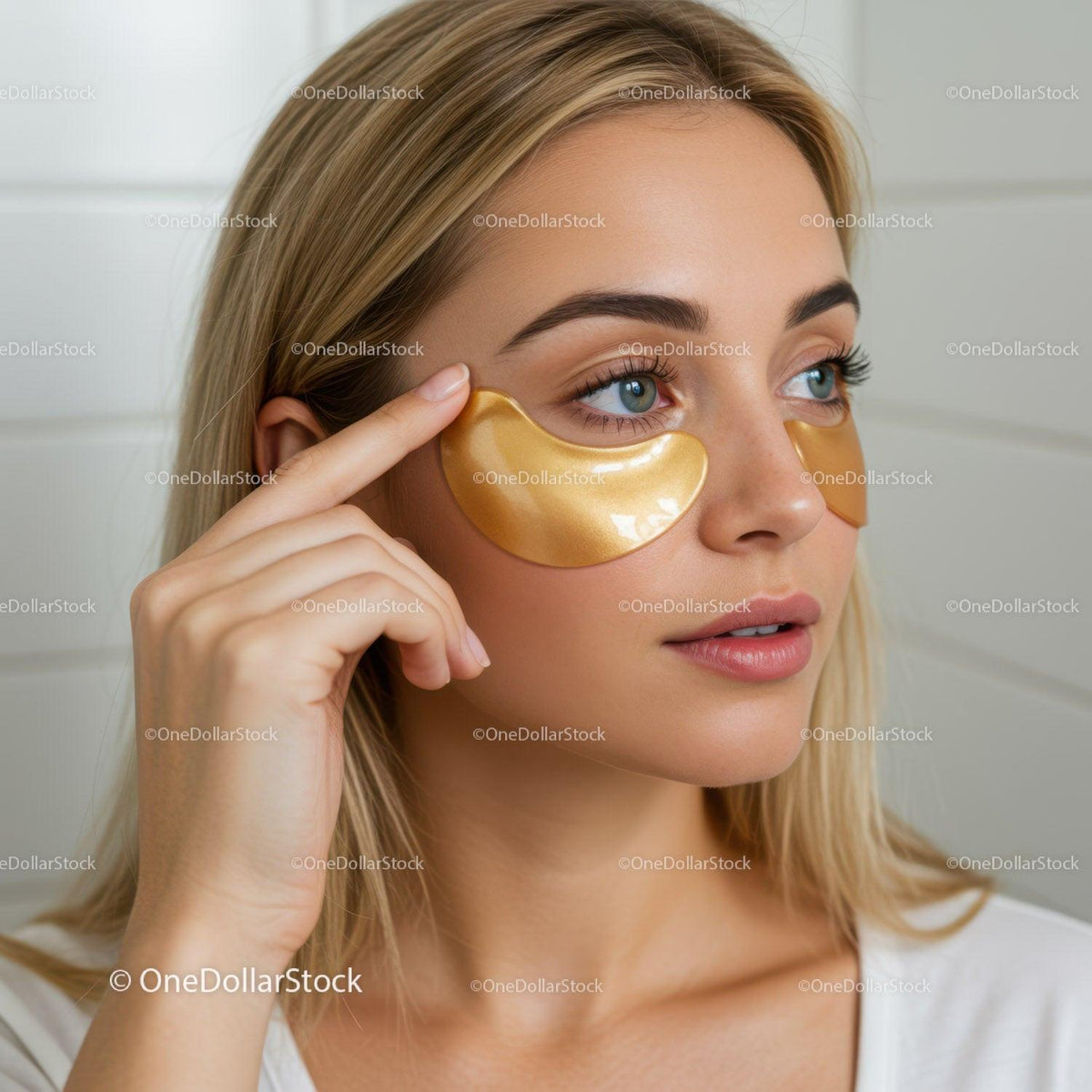 Relaxing Woman With Gold Under-Eye Patches and Blue Eyes